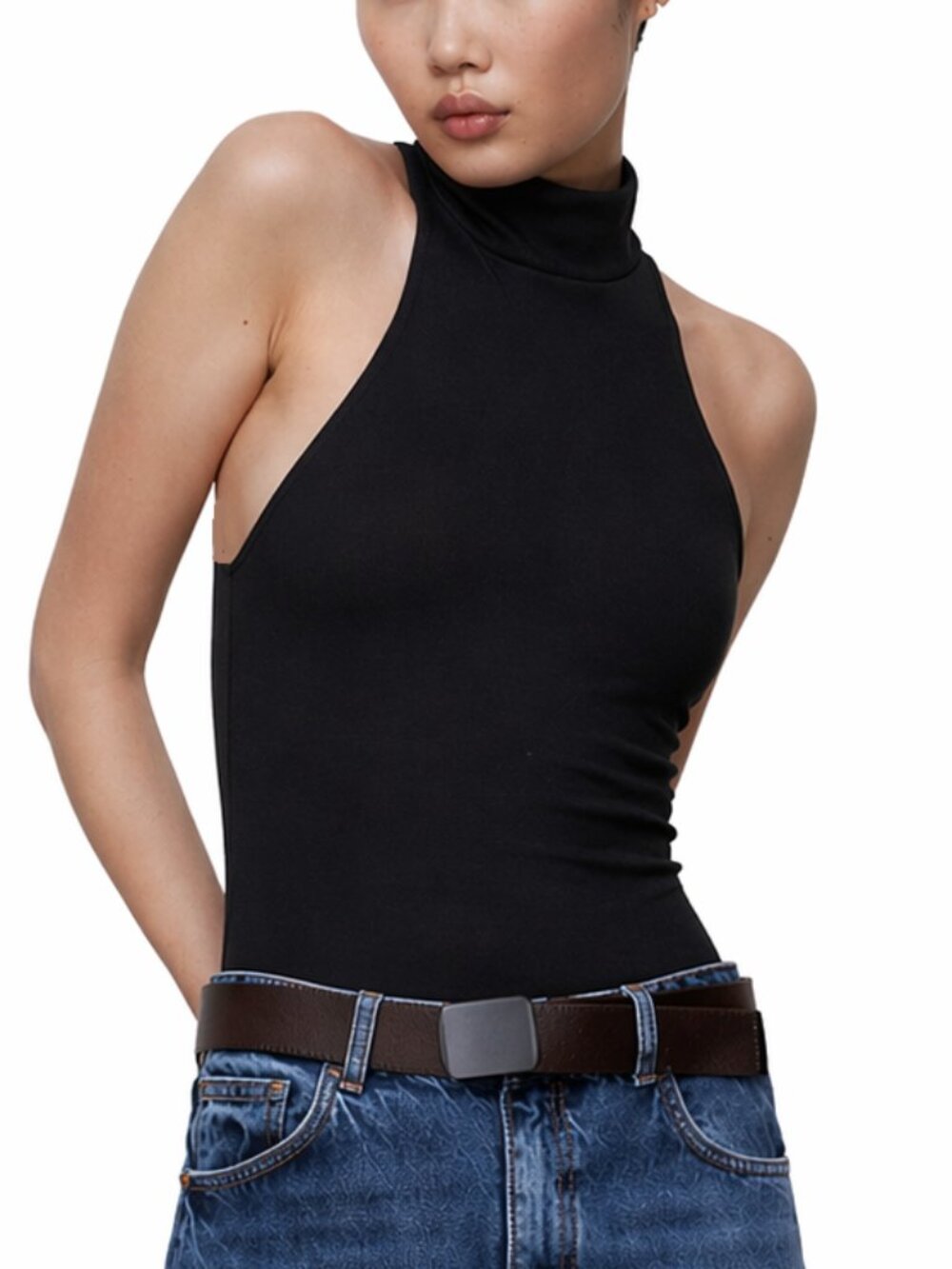 ZARA NWOT Mock Neck Halter Bodysuit Top Open Back Stretch Thong Blk Womens Small